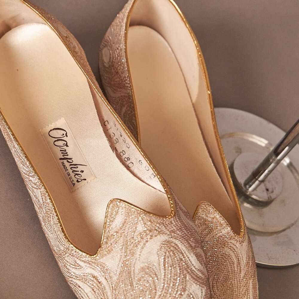 1960s Oomphies Gold Ivory Flats Sparkly Shoes